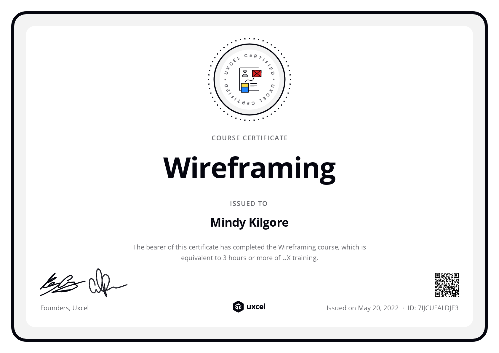 Mindy Kilgore's certificate